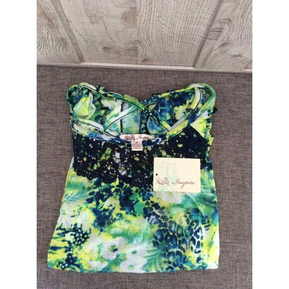 Inspire Shirt Women S Green Navy Blue Lace Rhinestone Neckline Boho Artsy Top - Picture 3 of 8